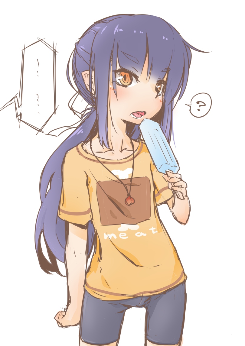 bike_shorts, black_hair, brown_eyes, eating, fang, jewelry, long_hair, original