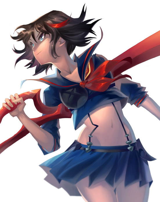 1girl, black_hair, blue_eyes, breasts, kate_(sucharek), kill_la_kill, living_clothes, matoi_ryuuko, midriff, multicolored_hair, navel, redhead, school_uniform, scissor_blade, senketsu, short_hair, skirt, suspenders, sword, two-tone_hair, weapon