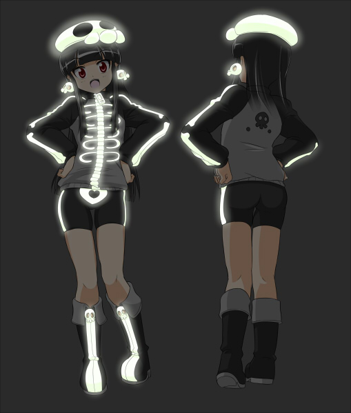 1girl, akidenmania, black_background, black_hair, dokurohime, flat_chest, from_behind, glowing