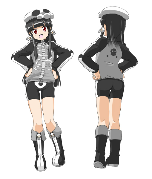 1girl, akidenmania, black_hair, dokurohime, flat_chest, from_behind, hands_on_hips, long_hair