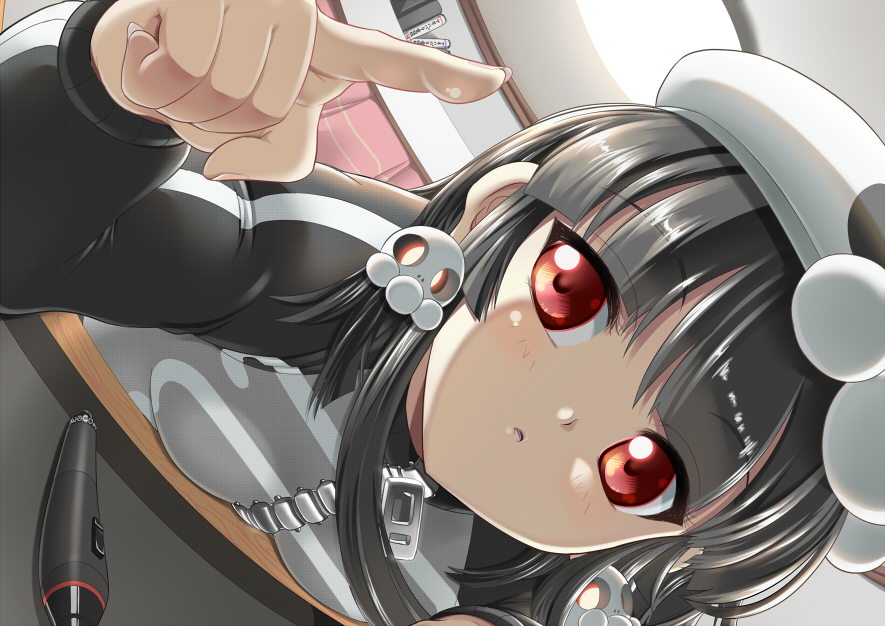 1girl, akidenmania, black_hair, blush, commentary_request, dokurohime, original, red_eyes