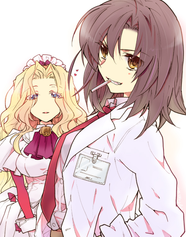 2girls, blonde_hair, blue_eyes, brown_eyes, brown_hair, gloves, labcoat, long_hair