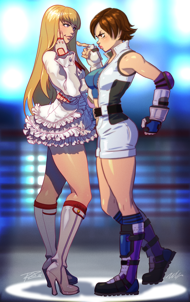 2girls, blonde_hair, blush, boots, breasts, brown_hair, collaboration, crop_top