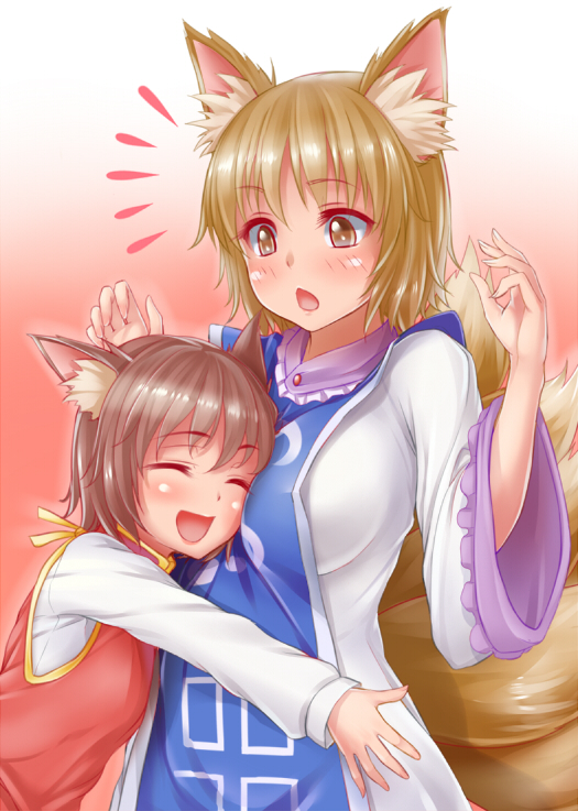 animal_ears, blonde_hair, blush, breasts, brown_hair, cat_ears, chen, fox_ears