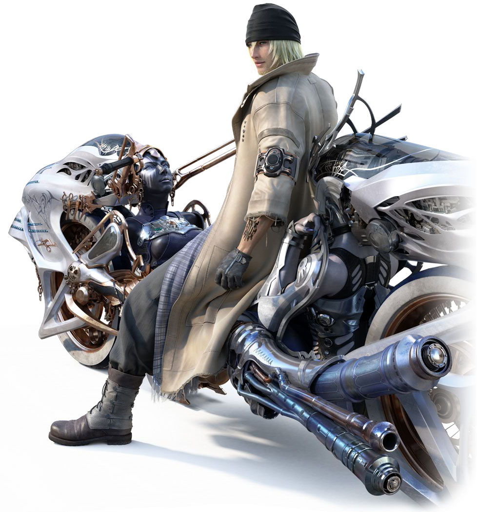 bicycle, blonde_hair, boots, facial_hair, final_fantasy, final_fantasy_xiii, gloves, looking_back, male, motor_vehicle, motorcycle, nix, official_art, shiva_(final_fantasy), shiva_sisters, sitting, snow_villiers, solo, stiria, stubble, tattoo, trench_coat, vehicle
