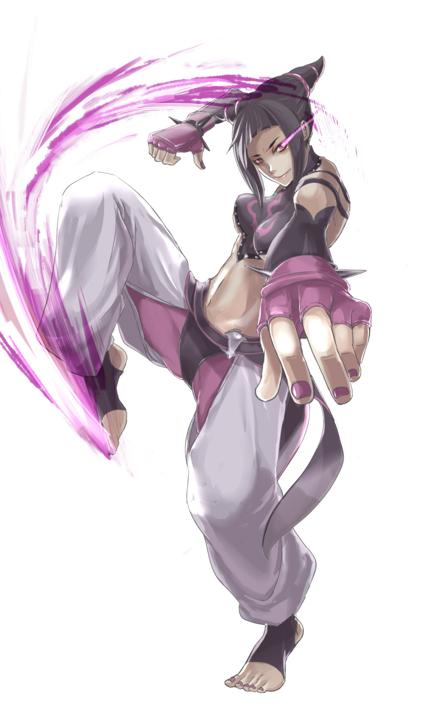 1girl, baggy_pants, black_hair, bracelet, breasts, chima_(colu-gaga), detached_sleeves, fingerless_gloves, gloves, glowing, glowing_eye, han_juri, highres, jewelry, nail_polish, short_twintails, solo, spiked_bracelet, spikes, standing_on_one_leg, street_fighter, toeless_socks, toenail_polish, twintails, under_boob, violet_eyes