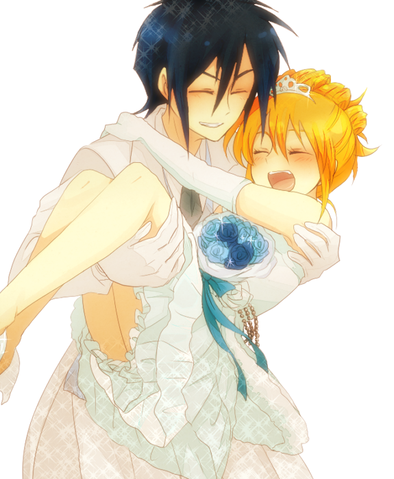 1boy, 1girl, akasata, amamiya_rizumu, blue_hair, carrying, closed_eyes, couple, elbow_gloves, formal, gloves, happy, hetero, long_hair, orange_hair, pretty_rhythm, pretty_rhythm_aurora_dream, princess_carry, smile, suit, toudou_hibiki