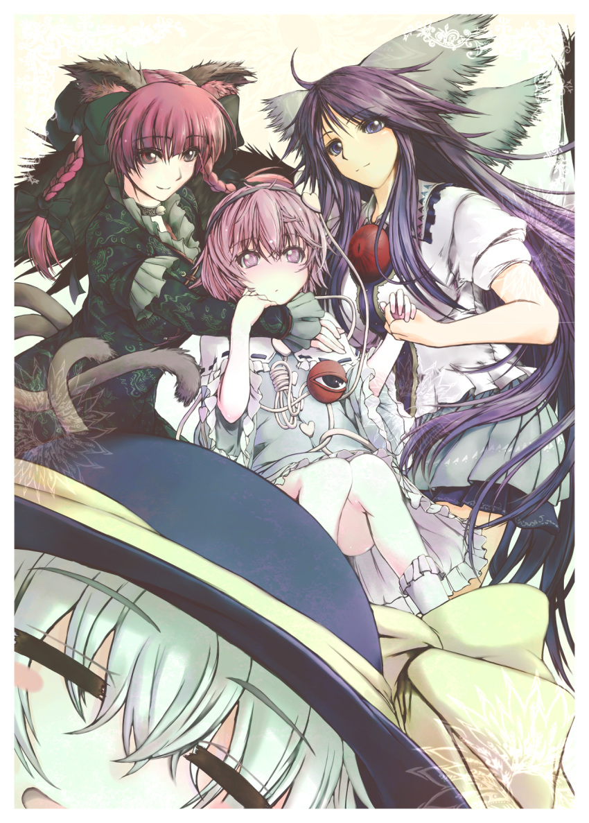 4girls, =_=, animal_ears, blue_eyes, blush_stickers, bow, braid, cat_ears