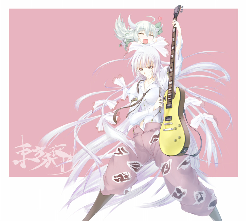 2girls, arm_up, bow, chibi, chibi_on_head, fujiwara_no_mokou, grey_eyes, guitar