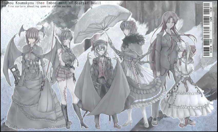 6+girls, absurdres, alternate_costume, alternate_hairstyle, barcode, bonnet, boots, bow