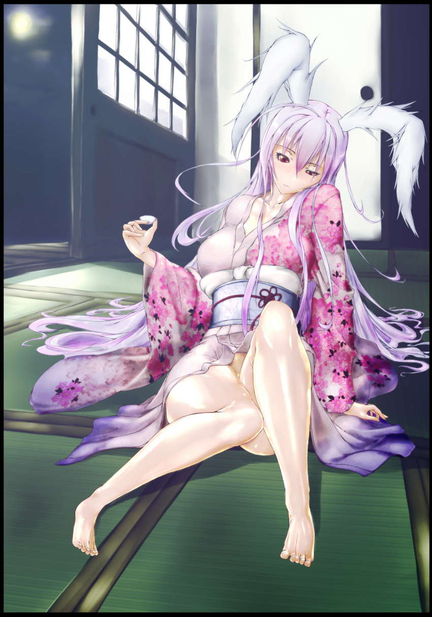 1girl, animal_ears, arm_support, bare_legs, barefoot, blush, floral_print, highres