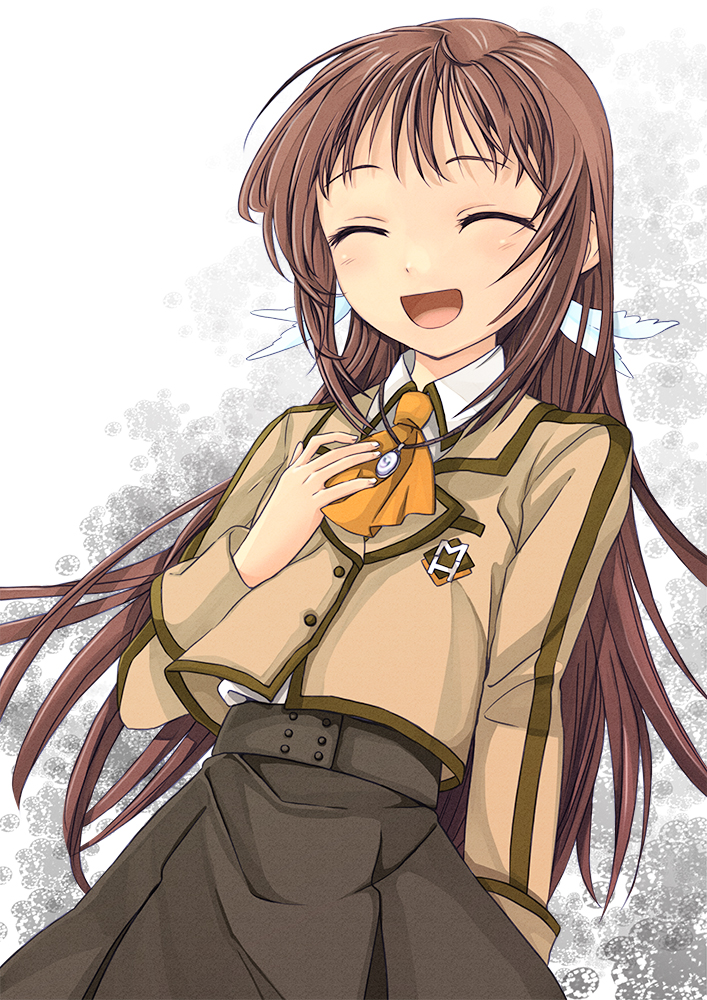 1girl, blue_eyes, brown_hair, closed_eyes, jewelry, kimita, mukaido_manaka, nagi_no_asukara, necklace, open_mouth, pendant, school_uniform