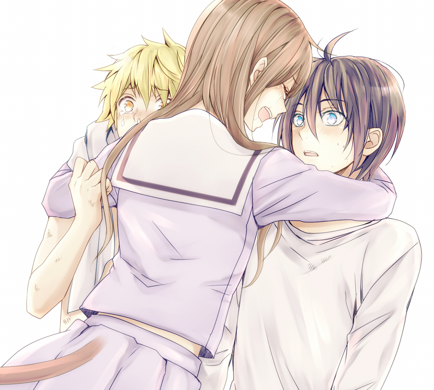 1girl, 2boys, black_hair, blonde_hair, blue_eyes, brown_hair, hug, iki_hiyori