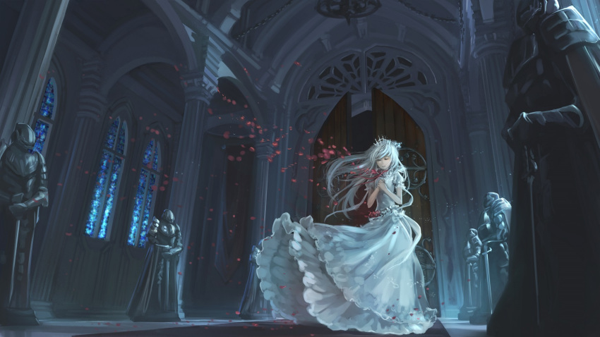 1girl, armor, closed_eyes, column, door, dress, flower, full_armor