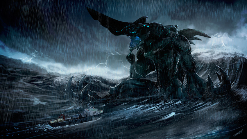 boat, glowing, glowing_eyes, kaijuu, knifehead, lightning, neon_trim, ocean