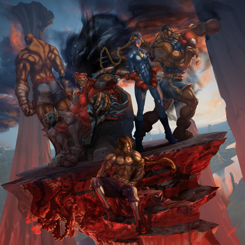 1girl, 4boys, :p, aura, balrog, bodysuit, boxing_gloves, braid