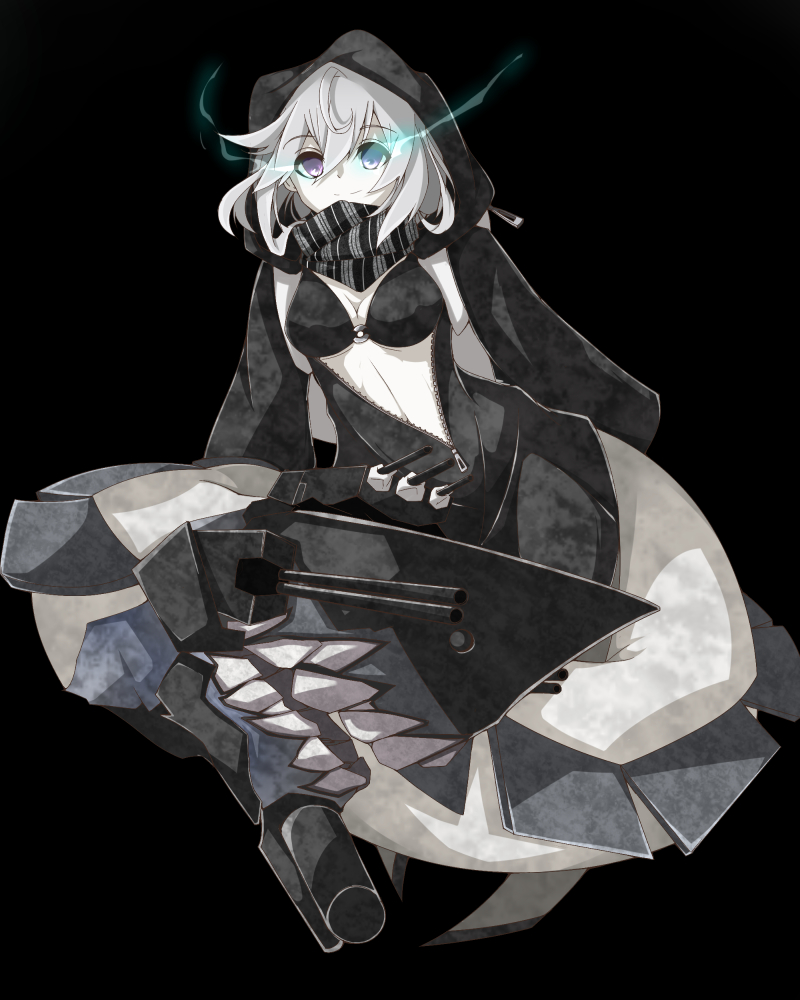 1girl, bag, black_bra, bra, cannon, glowing, glowing_eyes, hood