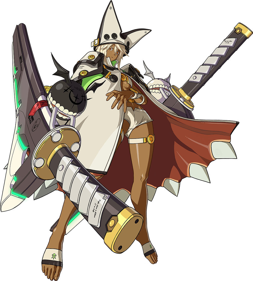 1girl, arc_system_works, beltbra, blonde_hair, breasts, cape, creature, dark_skin, guilty_gear, guilty_gear_xrd, hat, huge_weapon, official_art, ramletherl_valentine, red_eyes, sheath, sheathed, short_shorts, shorts, solo, sword, textless, thigh_belt, toes, under_boob, weapon, white_background