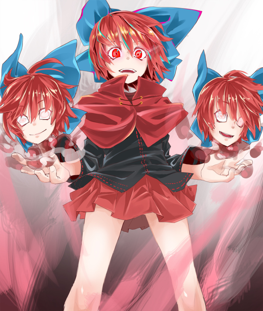 1girl, bow, cape, crazy_eyes, disembodied_head, hair_bow, highres, long_sleeves