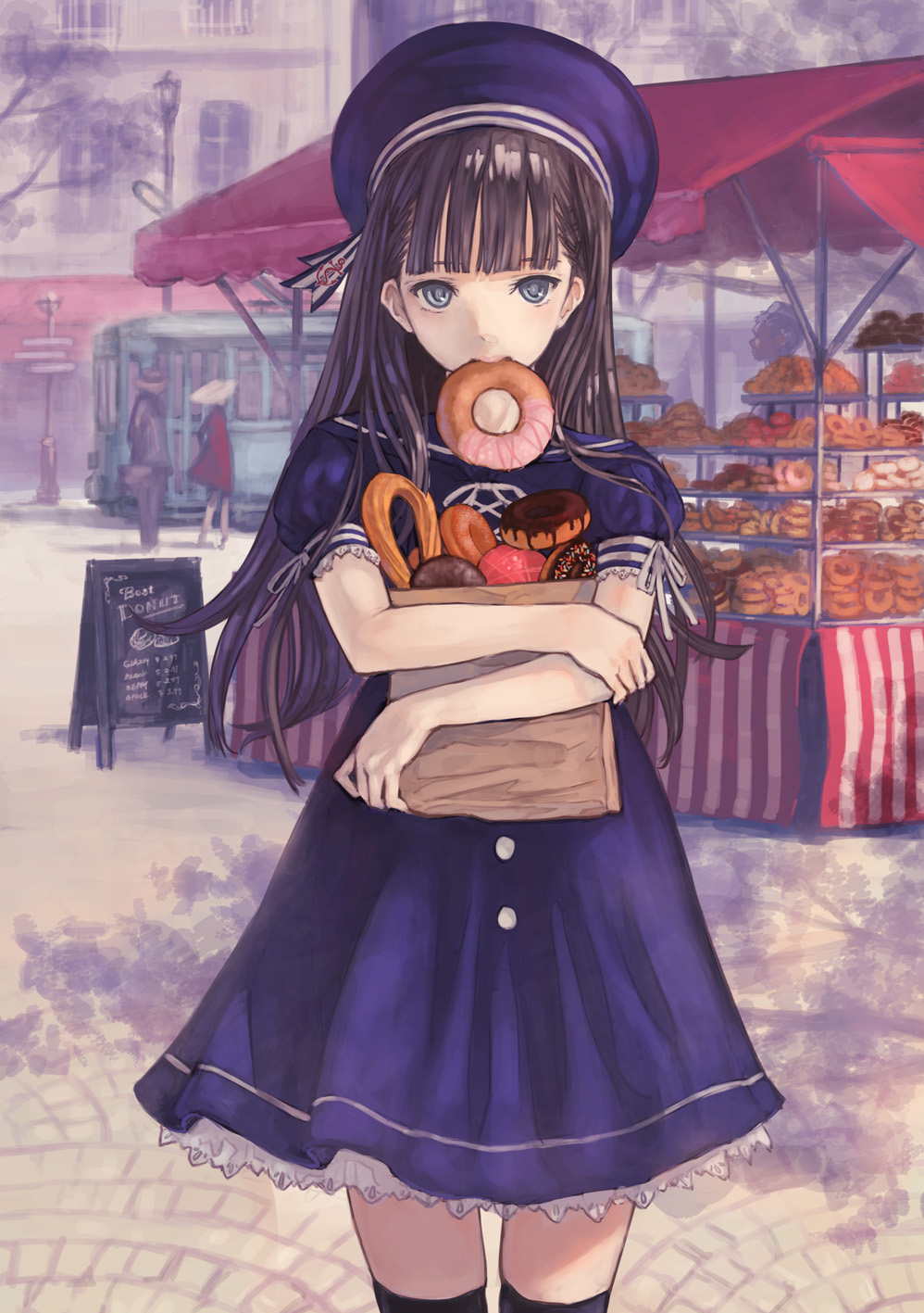 1girl, bag, blue_dress, blue_eyes, blurry, city, cowboy_shot, depth_of_field