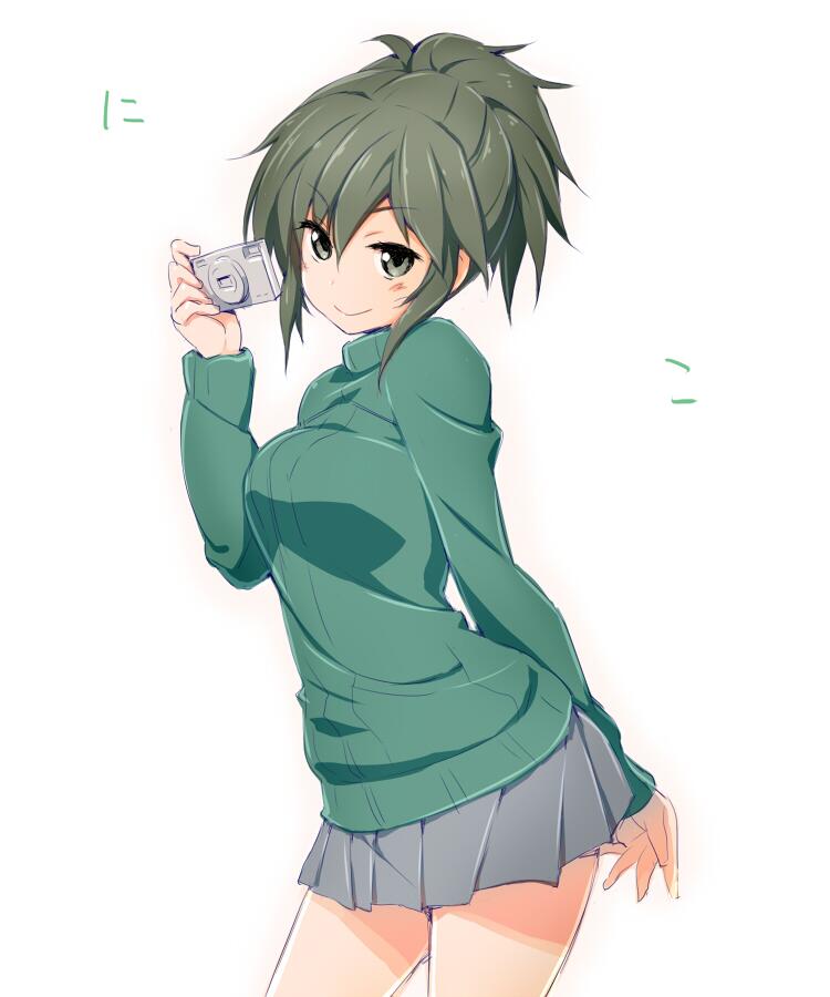 1girl, akata_itsuki, camera, looking_at_viewer, mikakunin_de_shinkoukei, oono_niko, ponytail, skirt