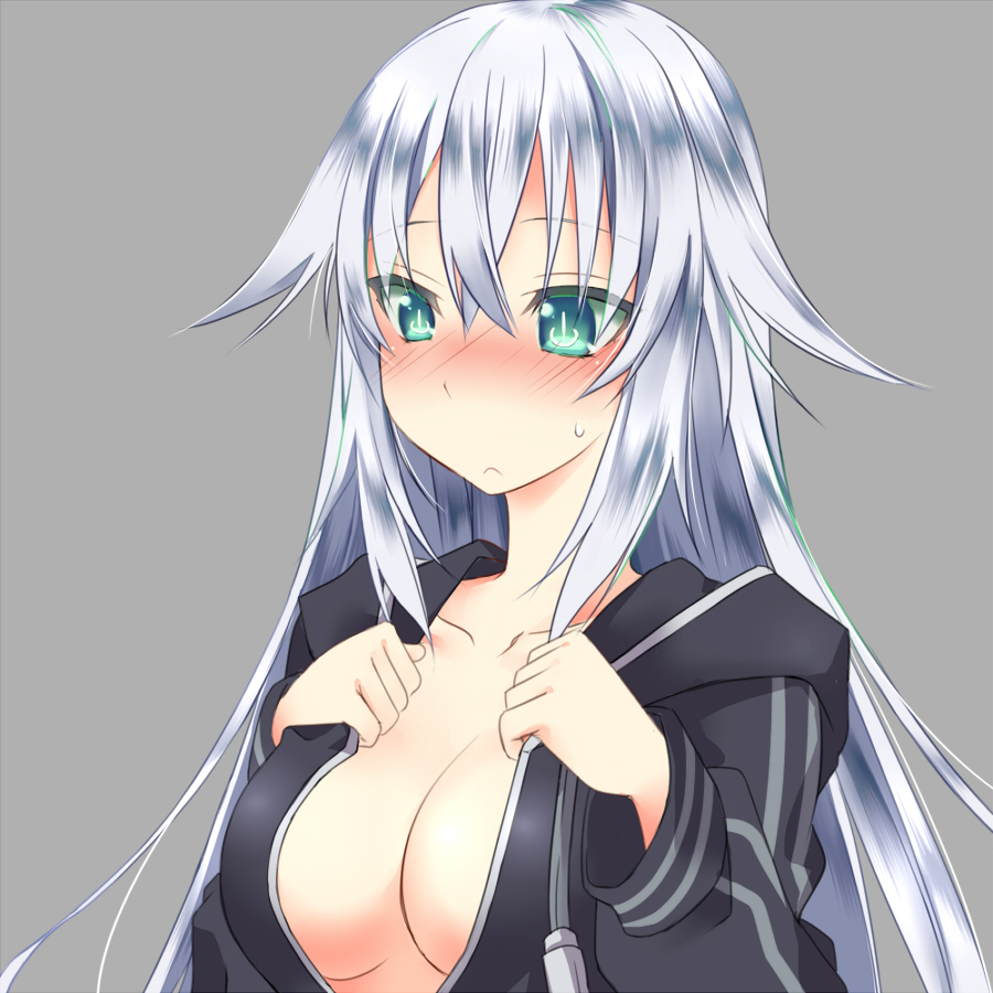 1girl, black_heart, blush, breasts, choujigen_game_neptune, cleavage, frown, grey_background