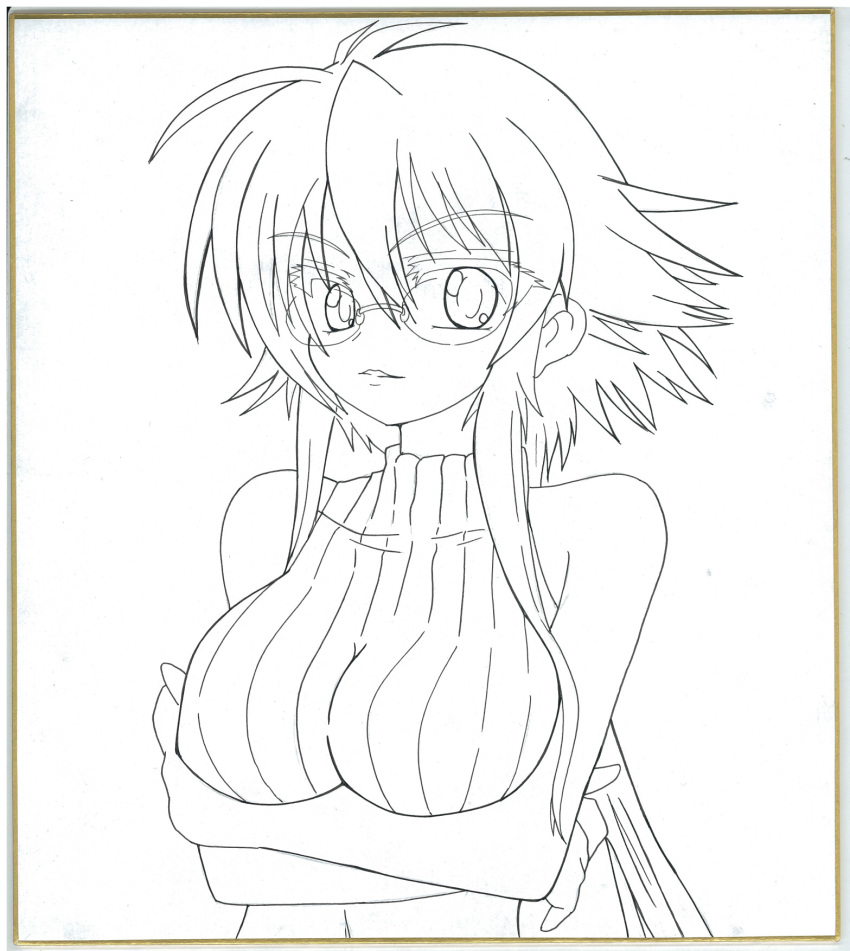 1girl, breast_hold, breasts, bust, crossed_arms, fuurin_rei, highres, lineart