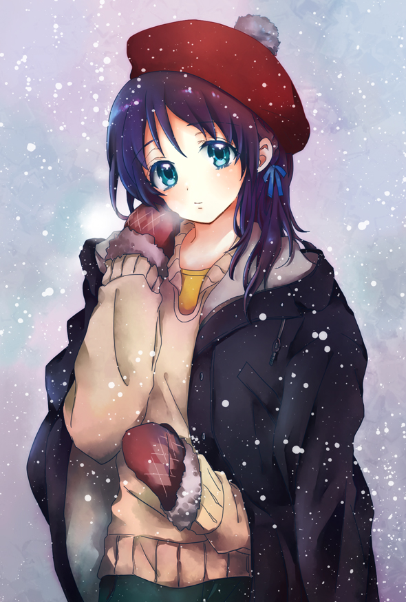 1girl, blue_eyes, blue_hair, hanabisdrop, hat, hiradaira_chisaki, long_hair, mittens