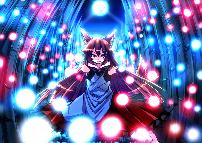 1girl, amiru9, animal_ears, bamboo, bamboo_forest, bare_shoulders, brooch, brown_hair