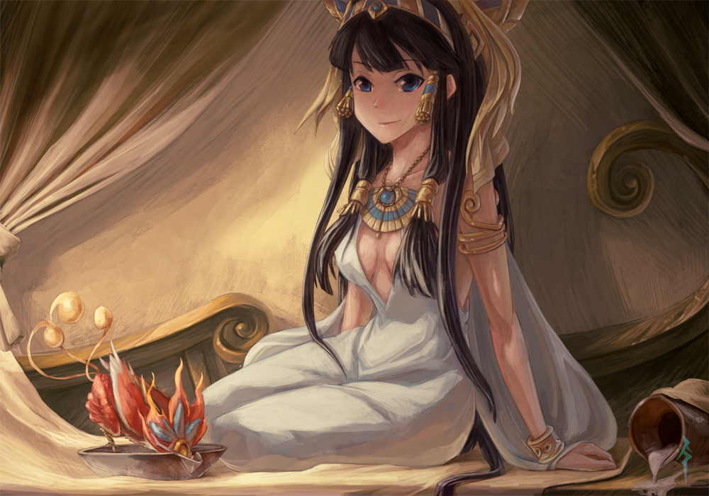 1girl, bird, black_hair, blue_eyes, breasts, cleavage, egyptian, hairband, headdress, horus_(p&amp;d), isis_(p&amp;d), jewelry, long_hair, phoenixcomplex, puzzle_&amp;_dragons, smile