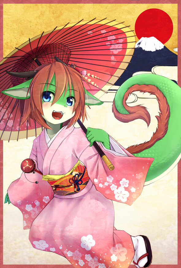 1girl, 2012, blue_eyes, blush, border, dragon_girl, dragon_horns, dragon_tail