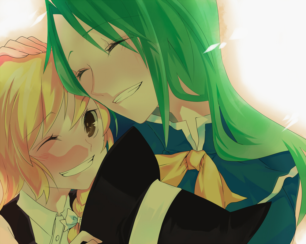 happy, katayama_kei, kirisame_marisa, mima, multiple_girls, smile, touhou, wink