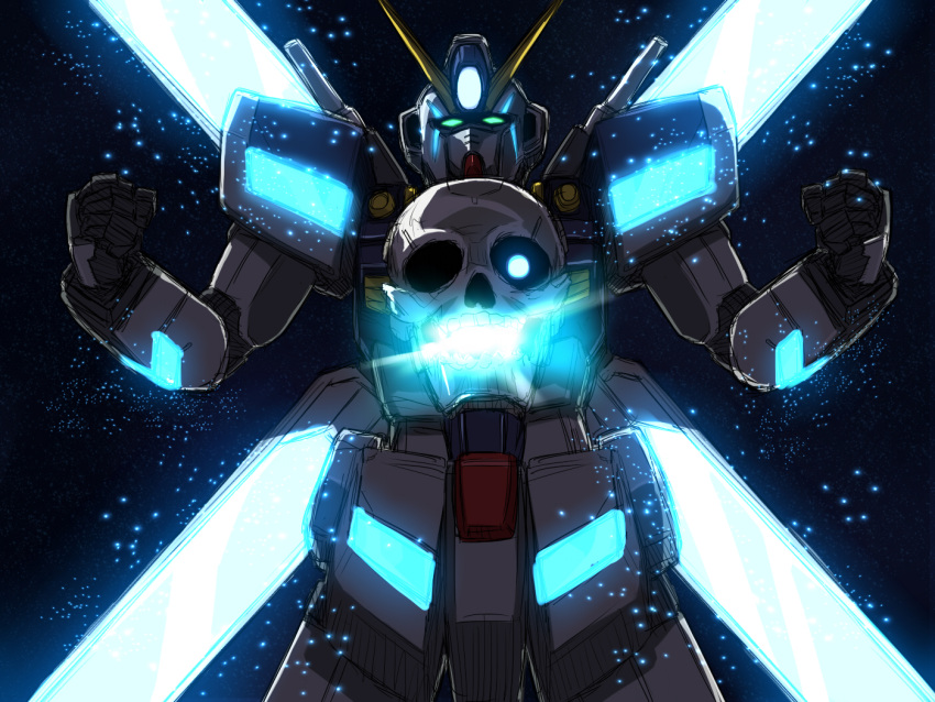 crossbone_gundam_maoh, glowing, glowing_eyes, green_eyes, gundam, gundam_build_fighters, light_particles, mecha, no_humans, rough, satellite_cannon, satosi121, skull, skull_and_crossbones, solo