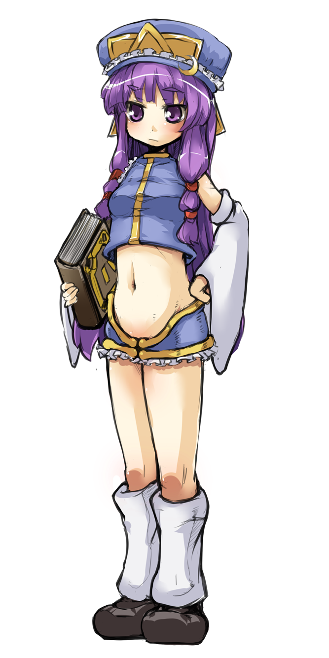 bad_id, book, cosplay, detached_sleeves, hand_on_hip, hat, highres, leg_warmers