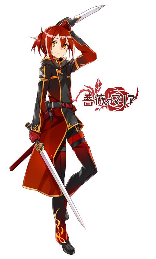 1boy, bara_no_maria, bunbun, copyright_name, dagger, dual_wielding, gloves, leg_up