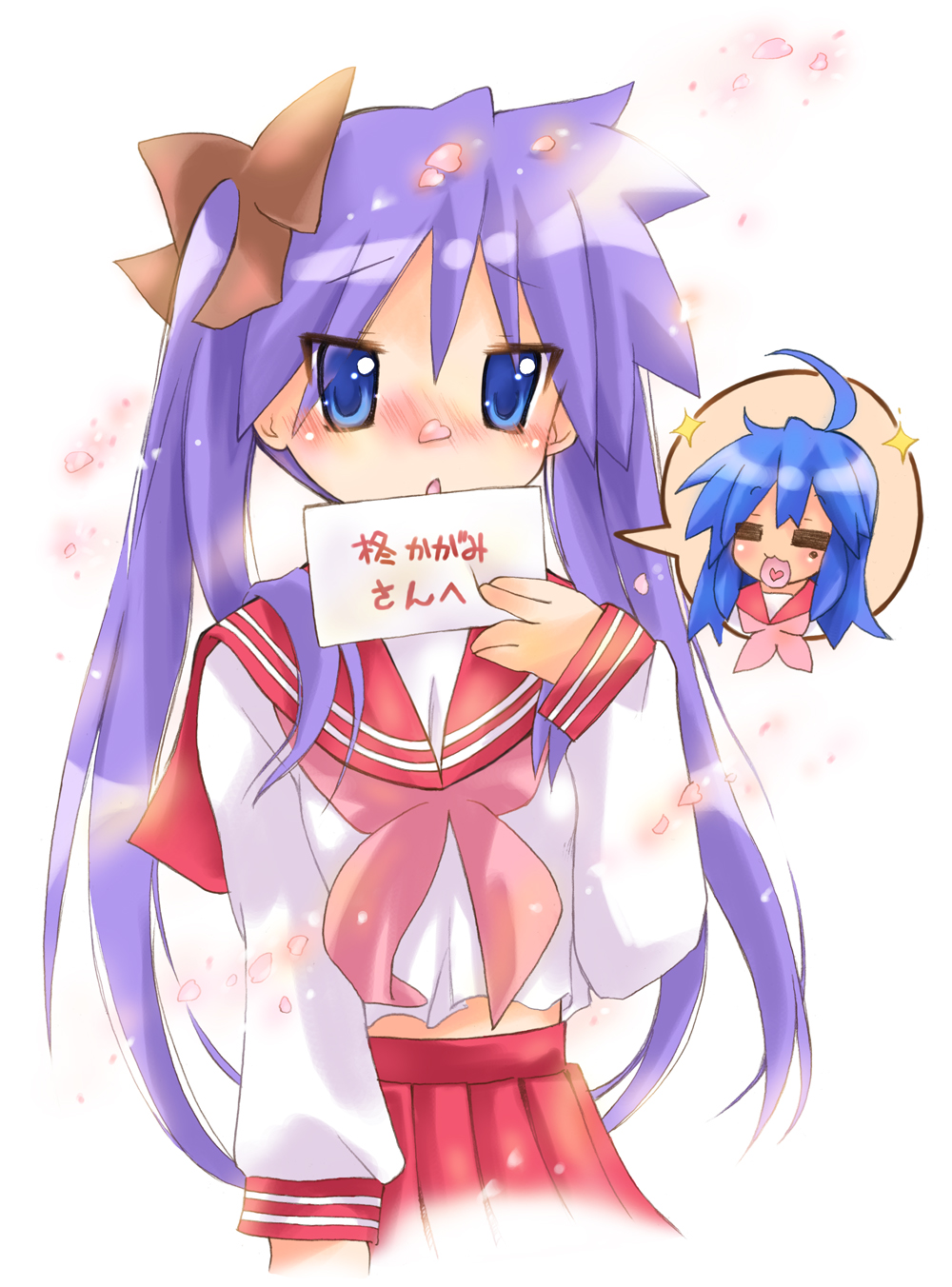 blue, blue_eyes, blue_hair, blush, cherry_blossoms, highres, hiiragi_kagami, izumi_konata