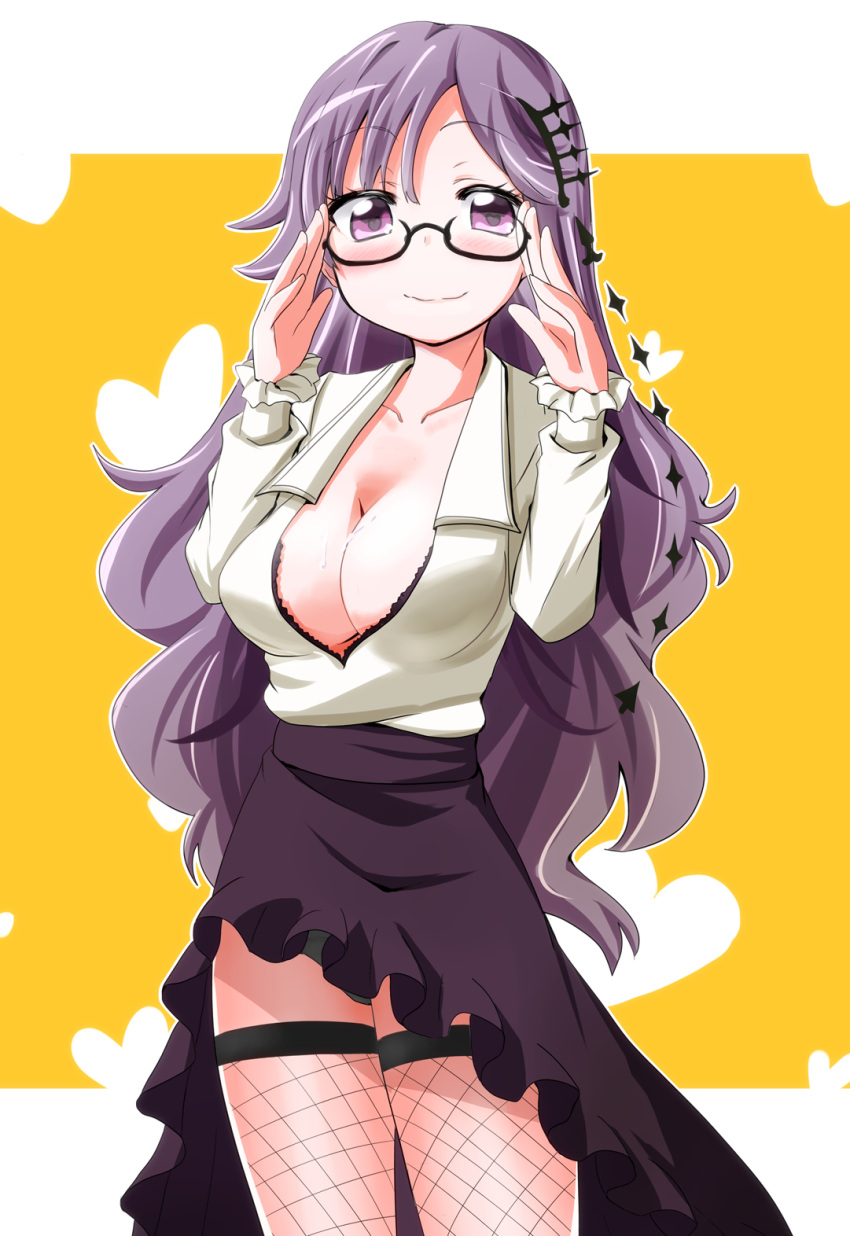 1girl, adjusting_glasses, blush, breasts, cleavage, dress, fantasista_doll, fishnet_legwear