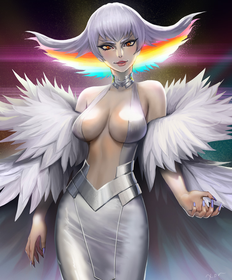 1girl, breasts, cherryxoa, choker, cleavage, dress, kill_la_kill, kiryuuin_ragyou, lips, nail_polish, rainbow_hair, short_hair, solo