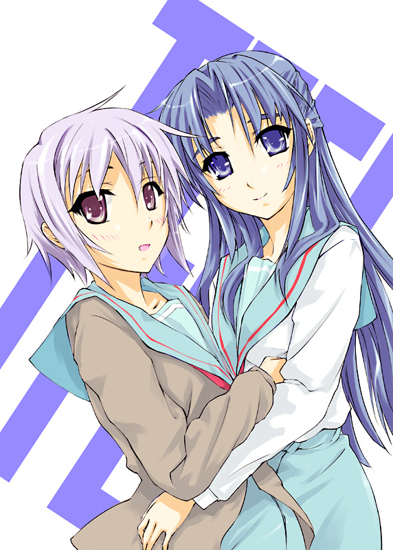 asakura_ryouko, blue_eyes, blue_hair, funeral_(artist), hug, multiple_girls, nagato_yuki, school_uniform