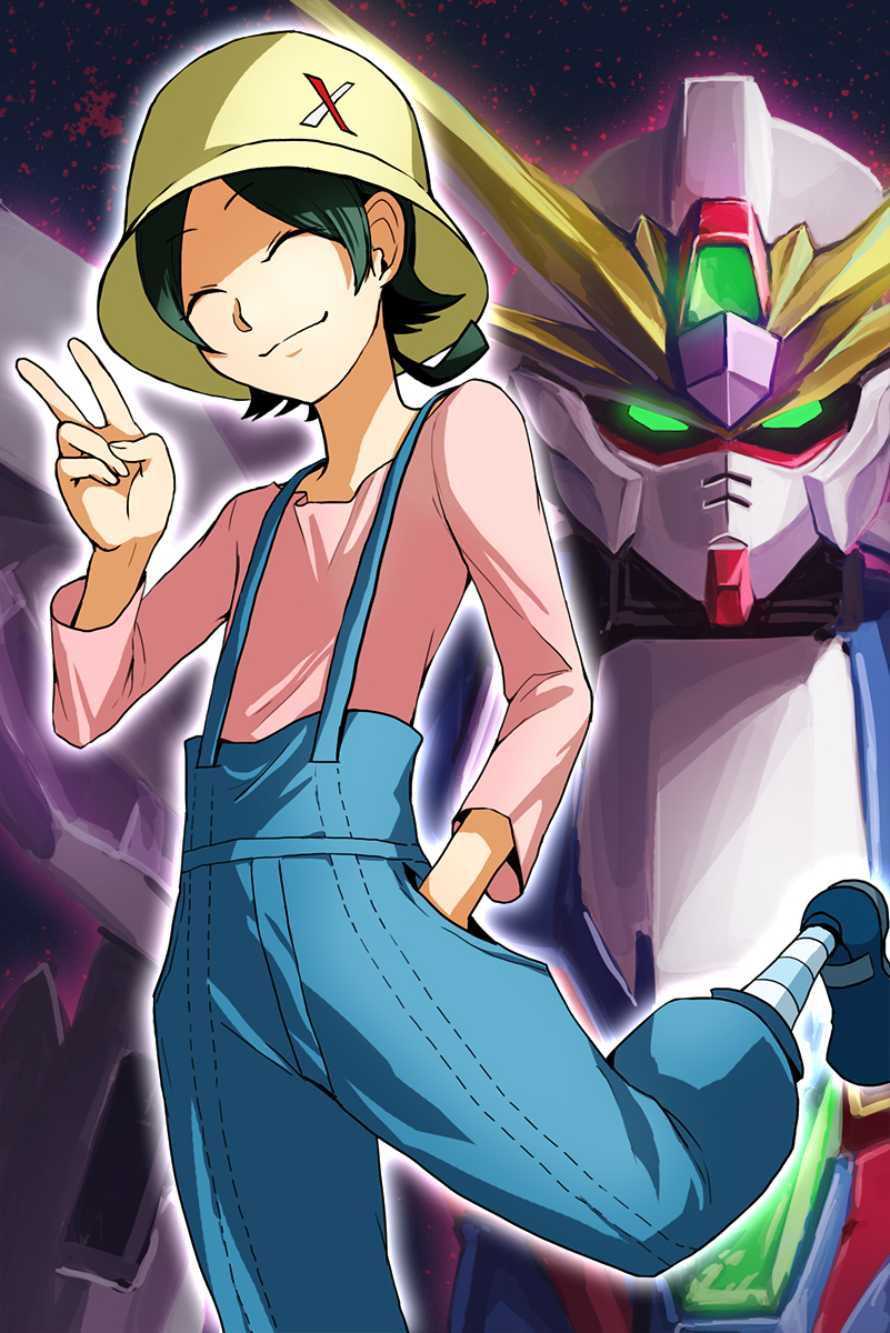 1boy, closed_eyes, green_eyes, green_hair, gundam, gundam_build_fighters, gundam_x_maoh, hand_in_pocket
