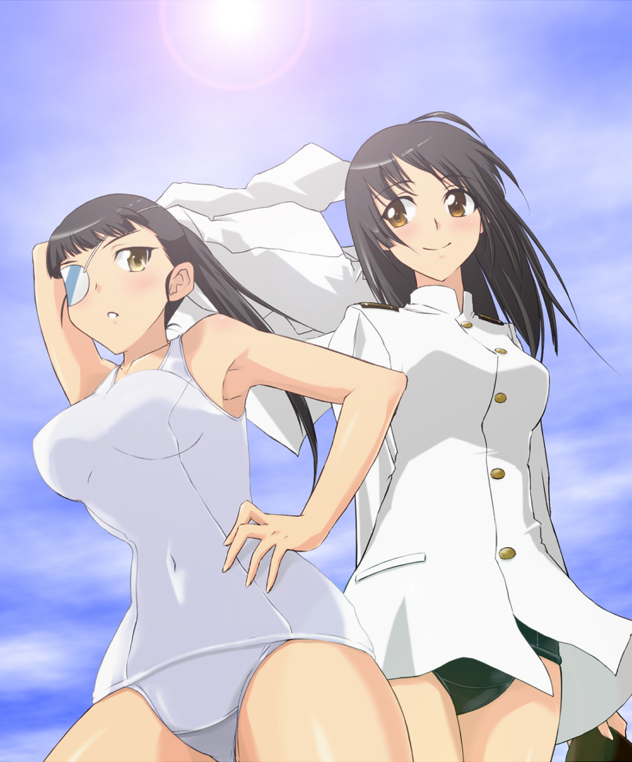 2girls, arm_behind_back, armpits, black_hair, brown_eyes, eyepatch, hand_on_hip, military