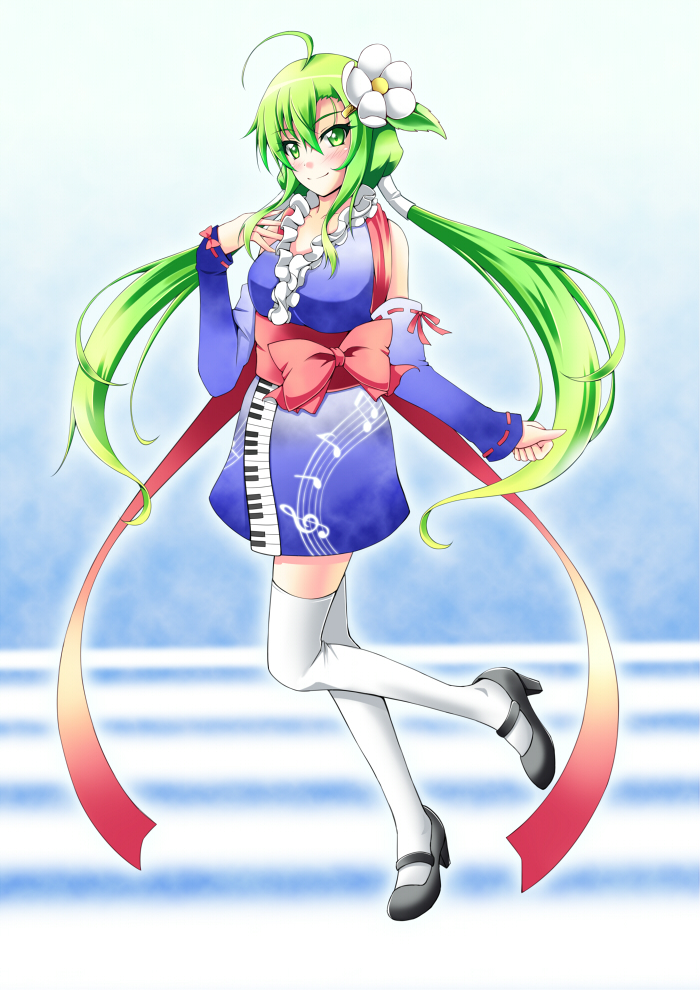 1girl, blush, detached_sleeves, flower, green_eyes, green_hair, hair_flower, hair_ornament
