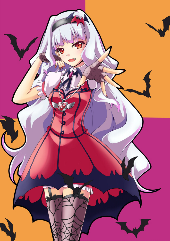 1girl, bat, dress, fang, fingerless_gloves, foreshortening, garter_straps, gloves, hairband, halloween, heart, idolmaster, jewelry, long_hair, nail_polish, nanappe, necklace, outstretched_arm, red_eyes, red_nails, shijou_takane, silver_hair, solo, thigh-highs