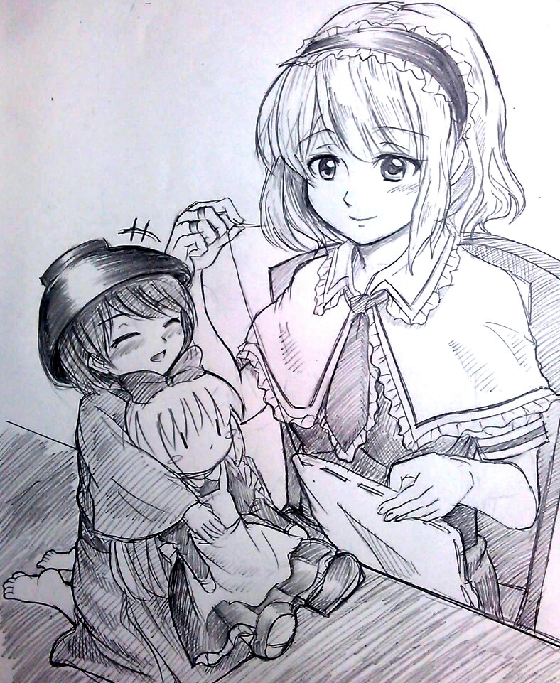 alice_margatroid, barefoot, blush, blush_stickers, bowl, capelet, chair, closed_eyes, doll, hairband, hat, hug, hug_from_behind, jewelry, jill_(pixiv5210413), kneeling, laughing, minigirl, monochrome, ring, shanghai_doll, short_hair, sitting, smile, stitching, sukuna_shinmyoumaru, table, touhou