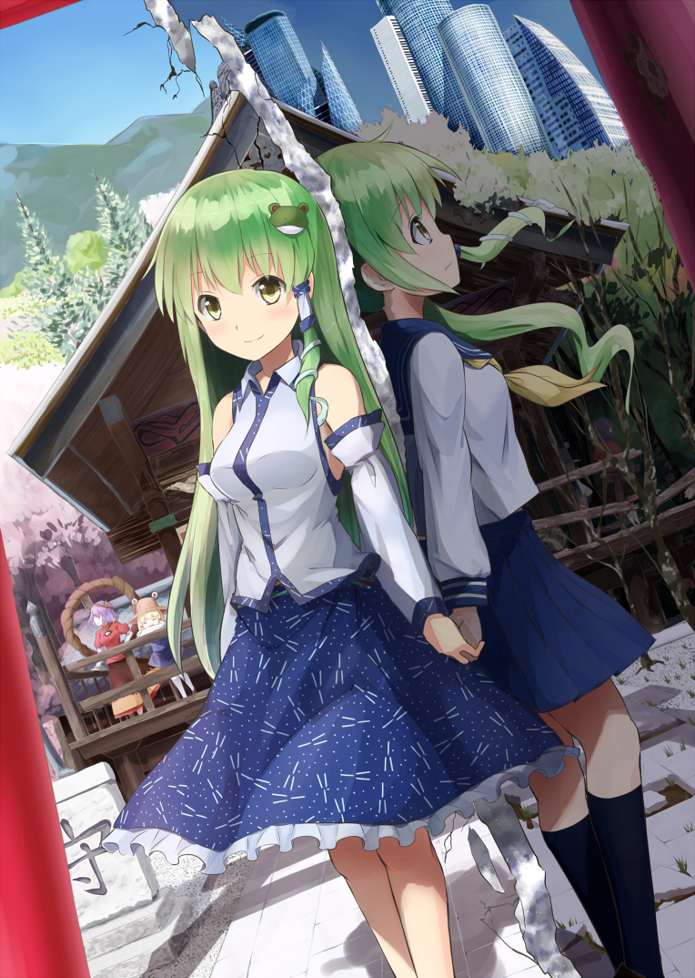 4girls, alternate_history, back-to-back, bare_shoulders, blonde_hair, building, cityscape, detached_sleeves