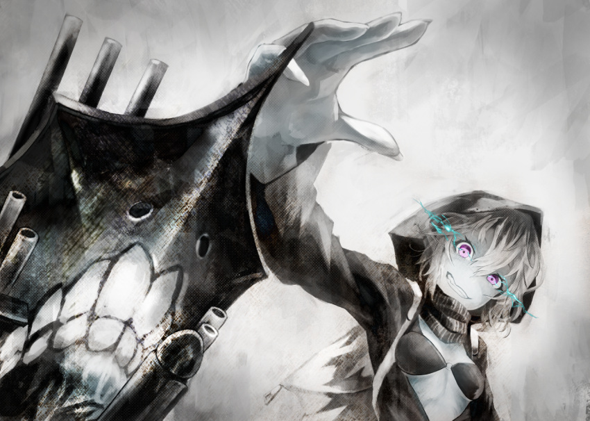 1girl, akai_kitsune, black_bra, black_dress, bra, breasts, cannon, clenched_teeth