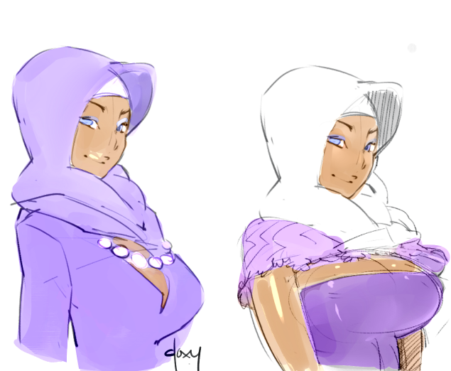 1girl, blue_eyes, breasts, dark_skin, doxy, eyeshadow, hijab, jewelry, large_breasts, makeup, my_little_pony, my_little_pony_friendship_is_magic, necklace, pearl_necklace, personification, rarity, scarf, smile, solo
