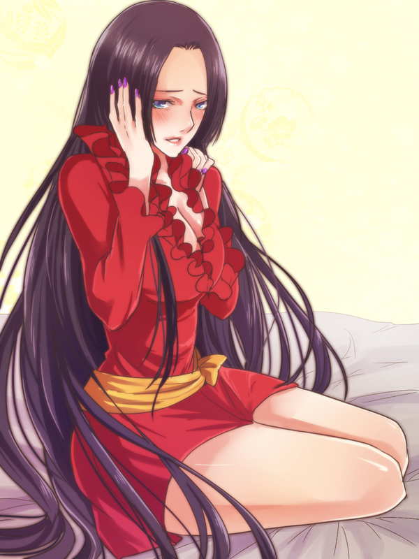 1girl, bad_id, blush, boa_hancock, breasts, cleavage, dress, female