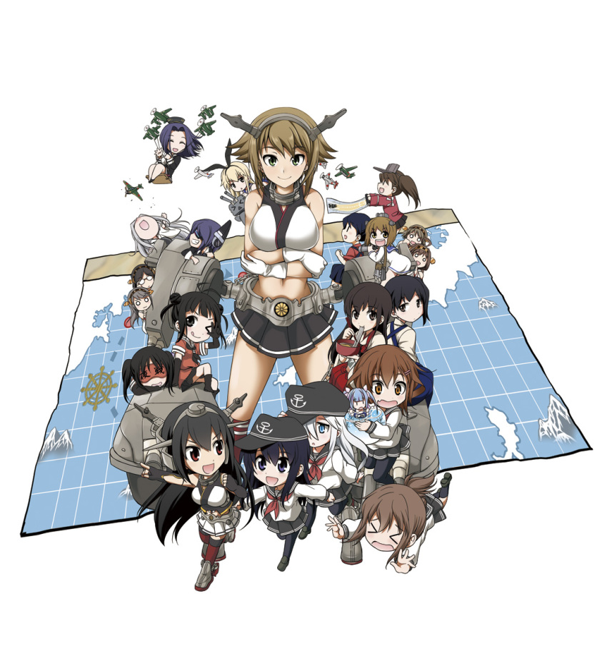ahoge, airplane, akagi_(kantai_collection), akatsuki_(kantai_collection), bare_shoulders, brown_hair, double_bun, eating