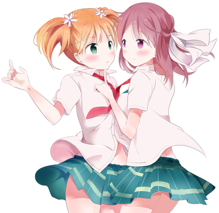 2girls, blush, flower, fortune, green_eyes, hair_flower, hair_ornament, hair_ribbon